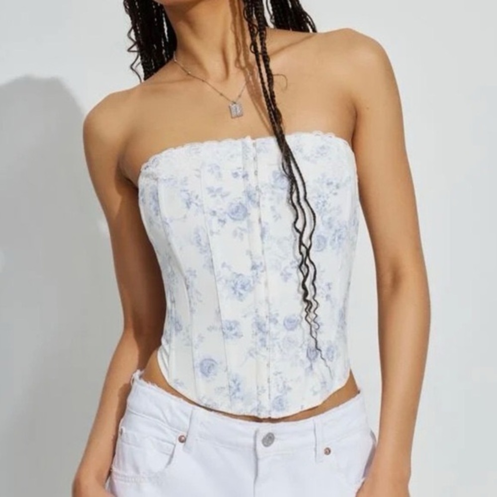 Garage White & Blue Floral Lace Corset Top